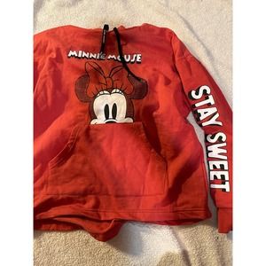 Disney Minnie Mouse Hoodie Women SZ L Red Drawstring  Kangaroo Pocket Cotton